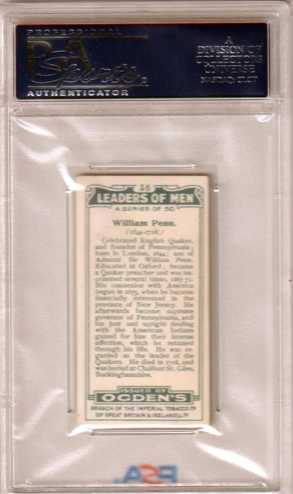1924 Ogden's LTD William Penn Leaders of Men #36 Graded PSA 6 EX-MT - Image 2