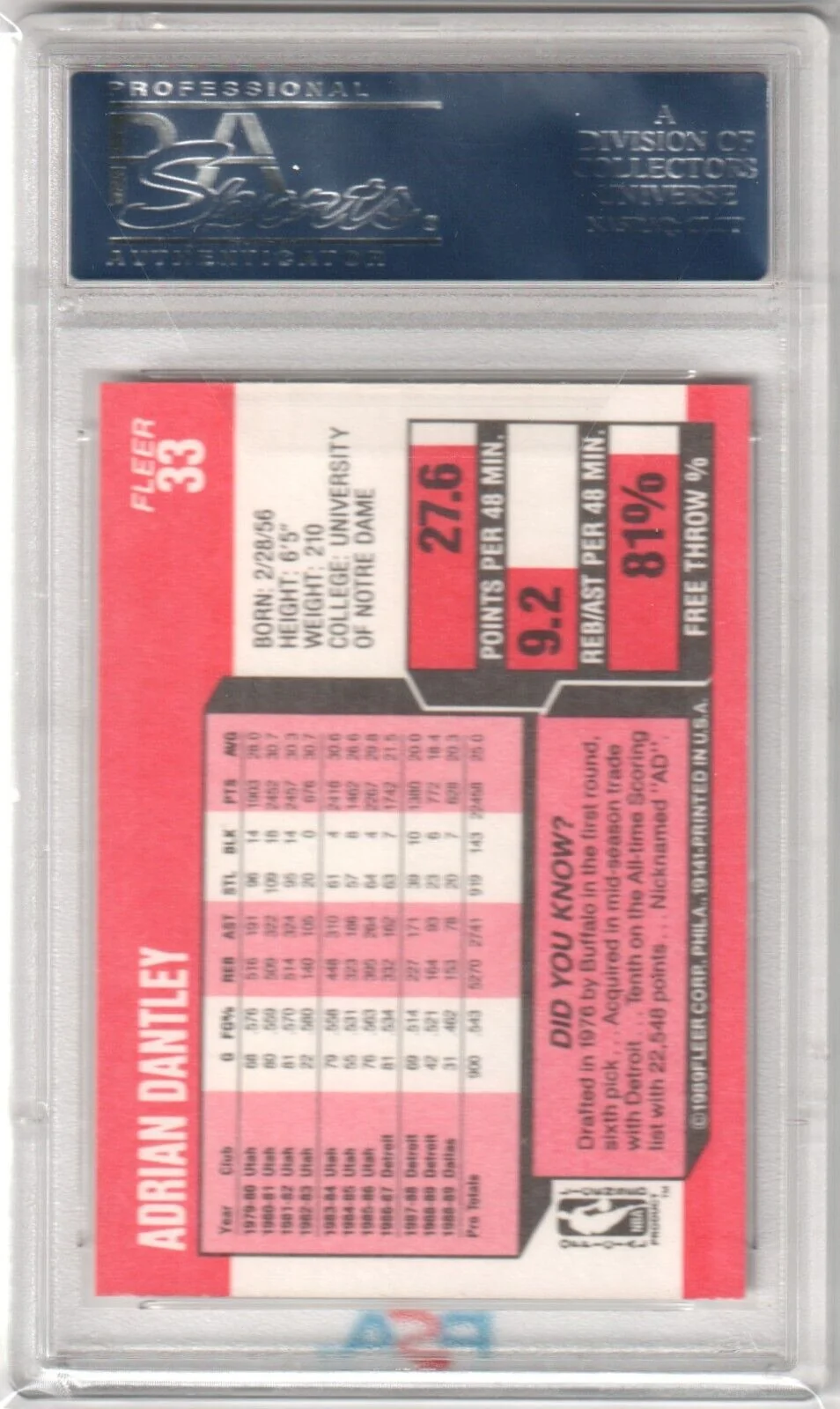 ADRIAN DANTLEY 1989-90 Fleer #33 PSA 10 GEM MINT - MAVERICKS - Image 2