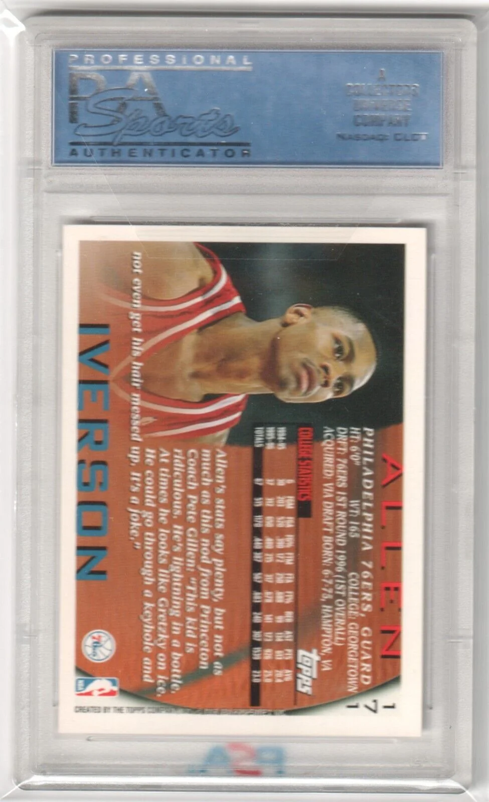 ALLEN IVERSON 1996-97 Topps RC Rookie #171 PSA 9 MINT - 76ERS - Image 2