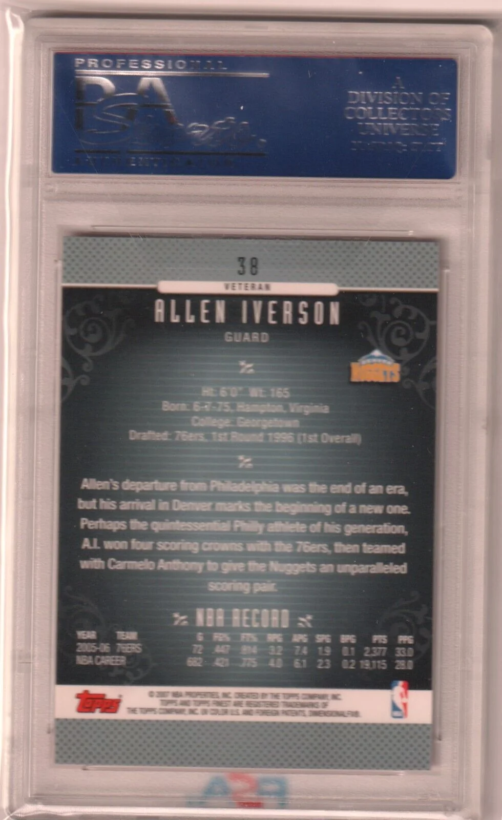 ALLEN IVERSON 2006-07 Topps Finest #38 PSA 10 GEM MINT - NUGGETS - Image 2