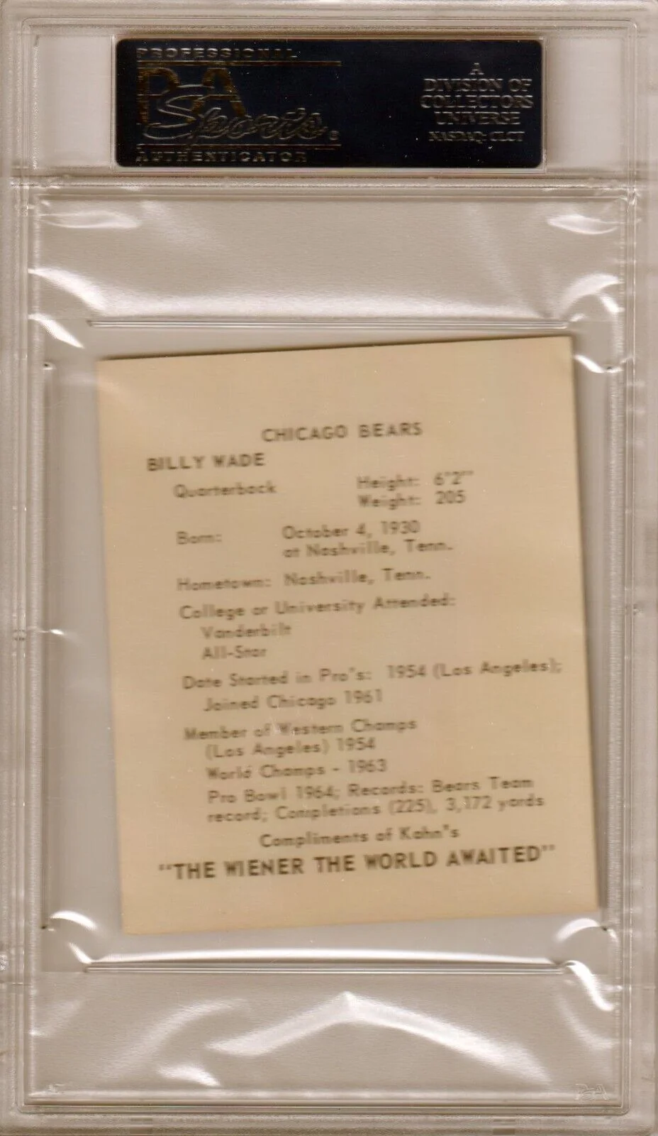 BILLY WADE 1964 Kahn's Wieners PSA 8 NM-MT - RAMS BEARS - Image 2