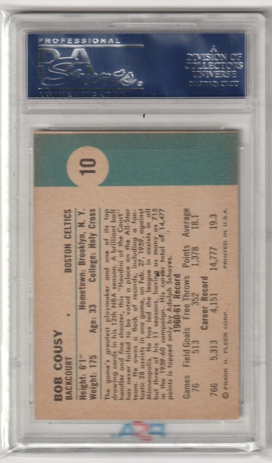 BOB COUSY 1961-62 Fleer #10 Graded PSA 6 EX-MT - CELTICS - Image 2