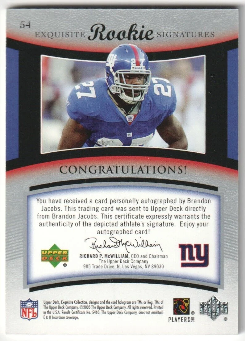 BRANDON JACOBS 2005 Upper Deck Exquisite RC Rookie Autograph Auto #/150 - GIANTS - Image 2