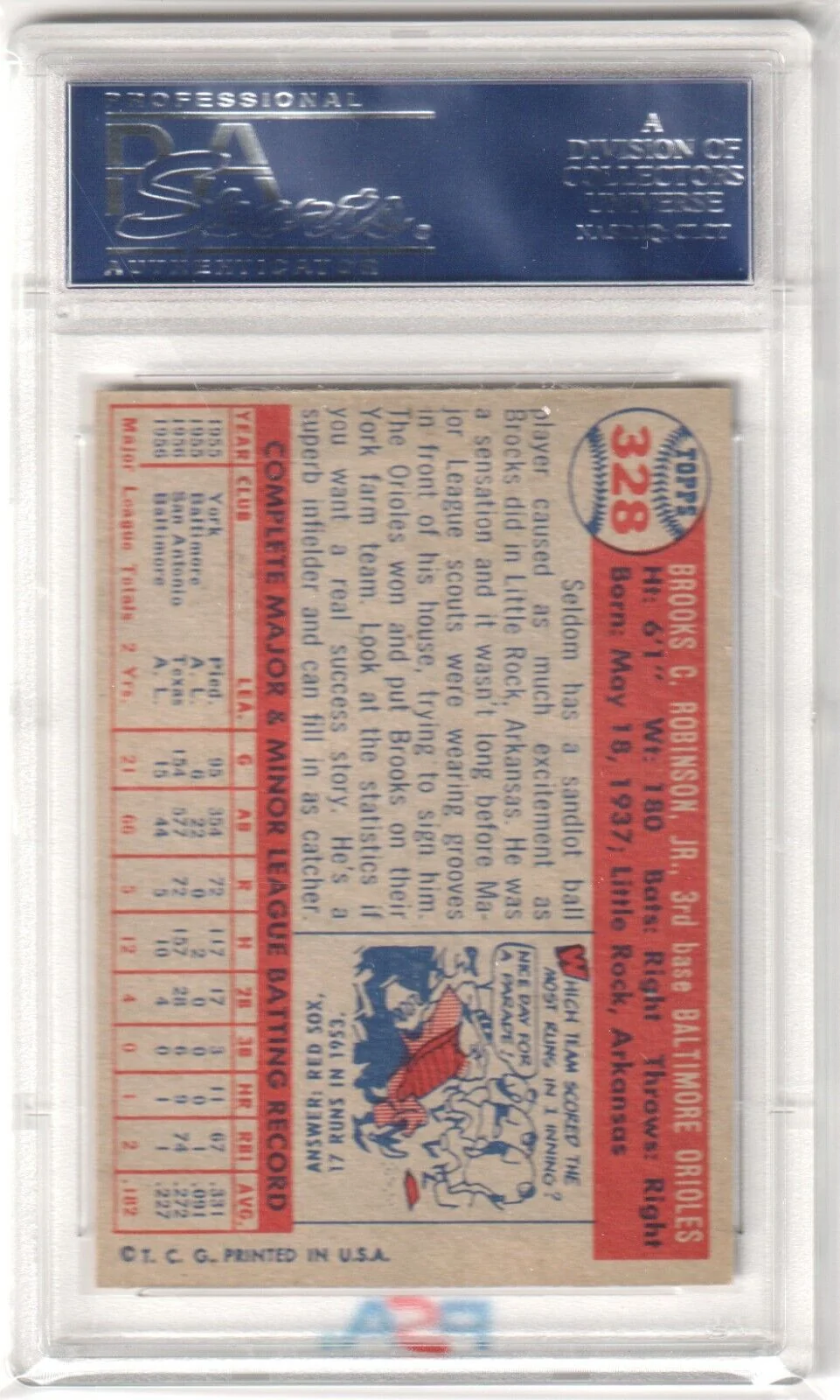 BROOKS ROBINSON 1957 Topps Rookie RC #328 PSA 7 NM - ORIOLES - Image 2