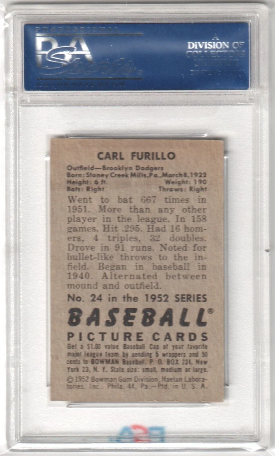 CARL FURILLO 1952 Bowman #24 PSA 5.5 EX+ - DODGERS - Image 2