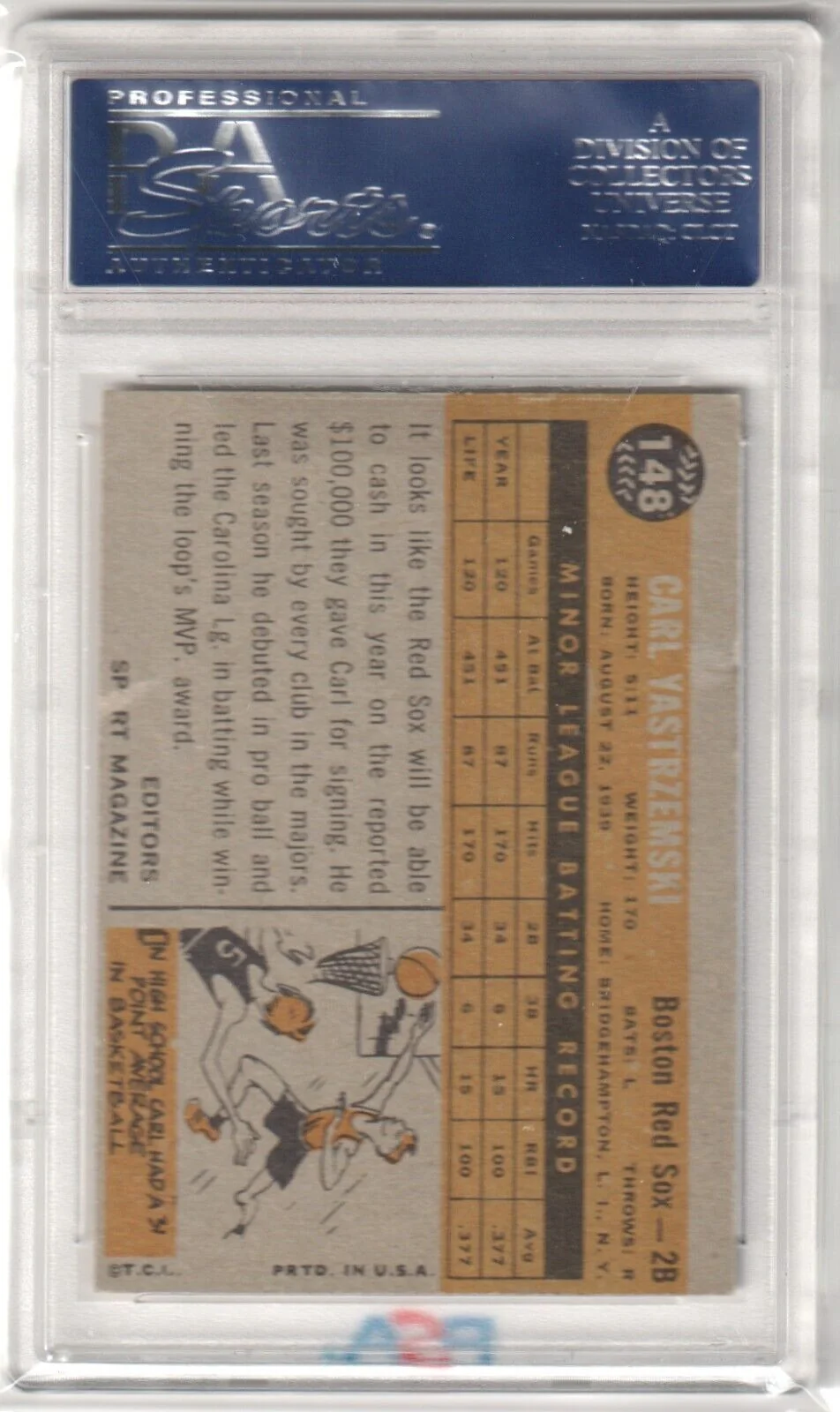 CARL YASTRZEMSKI 1960 Topps Rookie RC #148 PSA 5 EX - RED SOX - Image 2