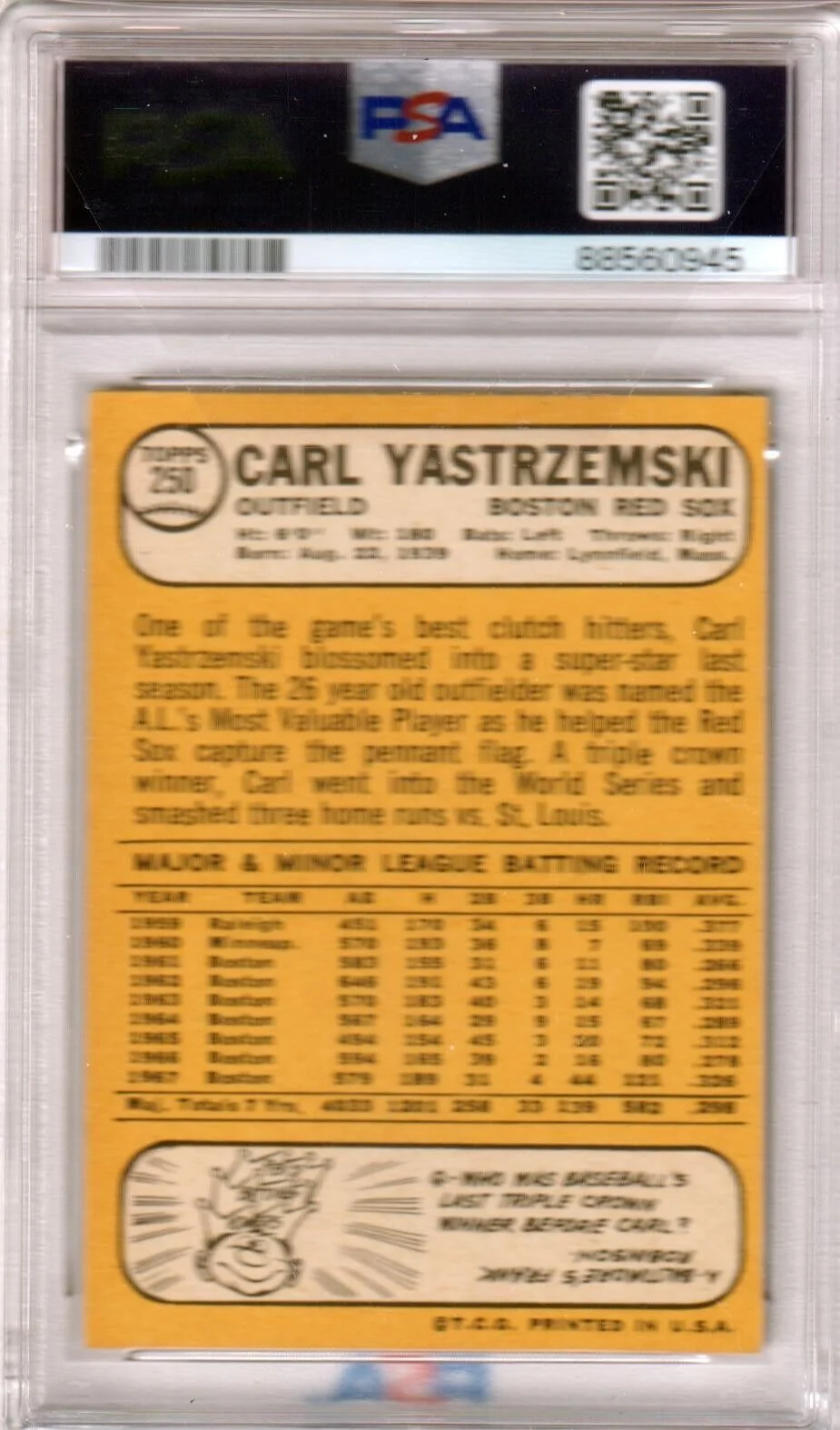 CARL YASTRZEMSKI 1968 Topps #250 PSA 4 VG-EX - RED SOX - Image 2