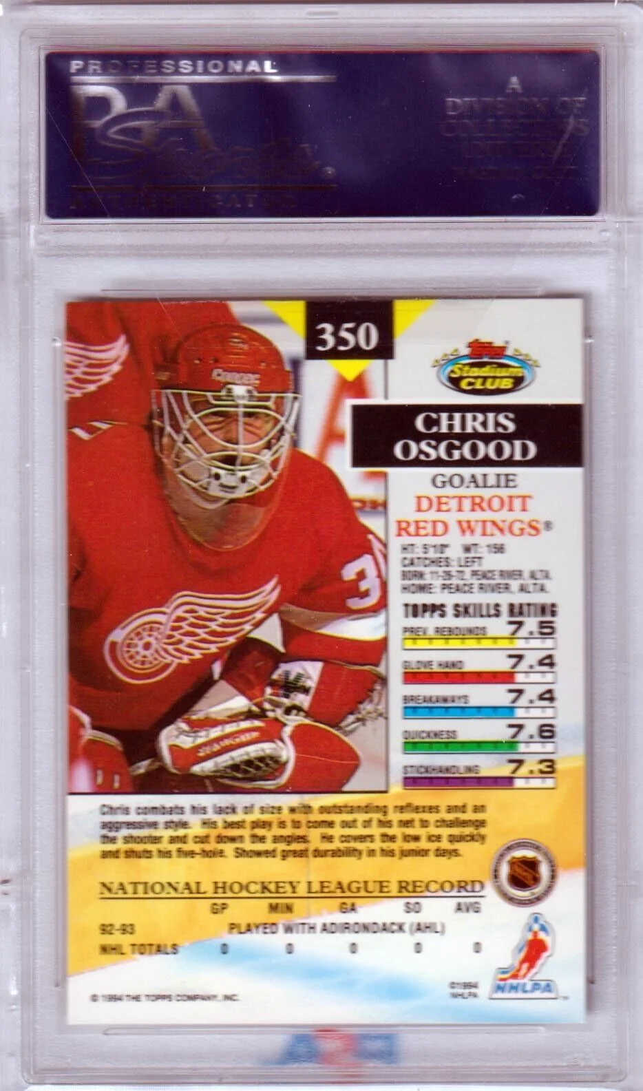 CHRIS OSGOOD 1993 Topps Stadium Club Rookie RC #350 PSA 10 GEM MINT - RED WINGS - Image 2