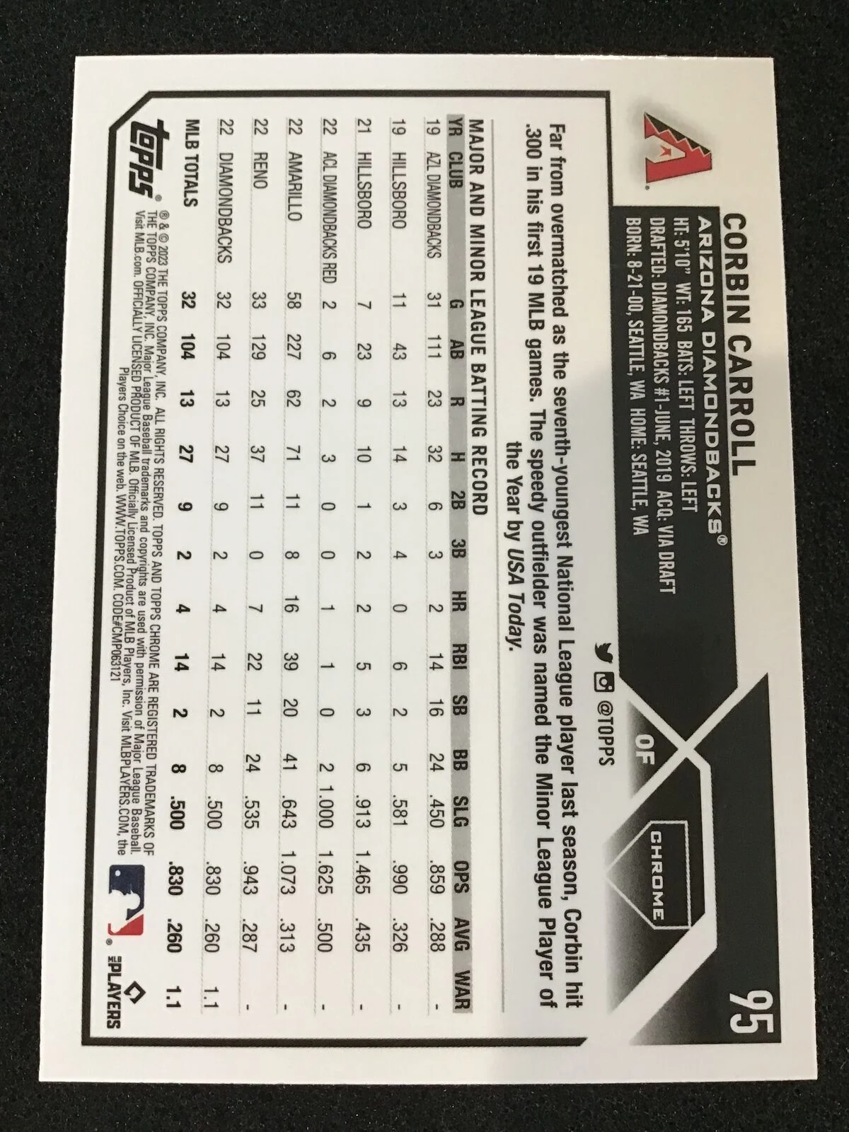 Corbin Carroll 2023 Topps Chrome 95 X-Fractor Diamondbacks - Image 2