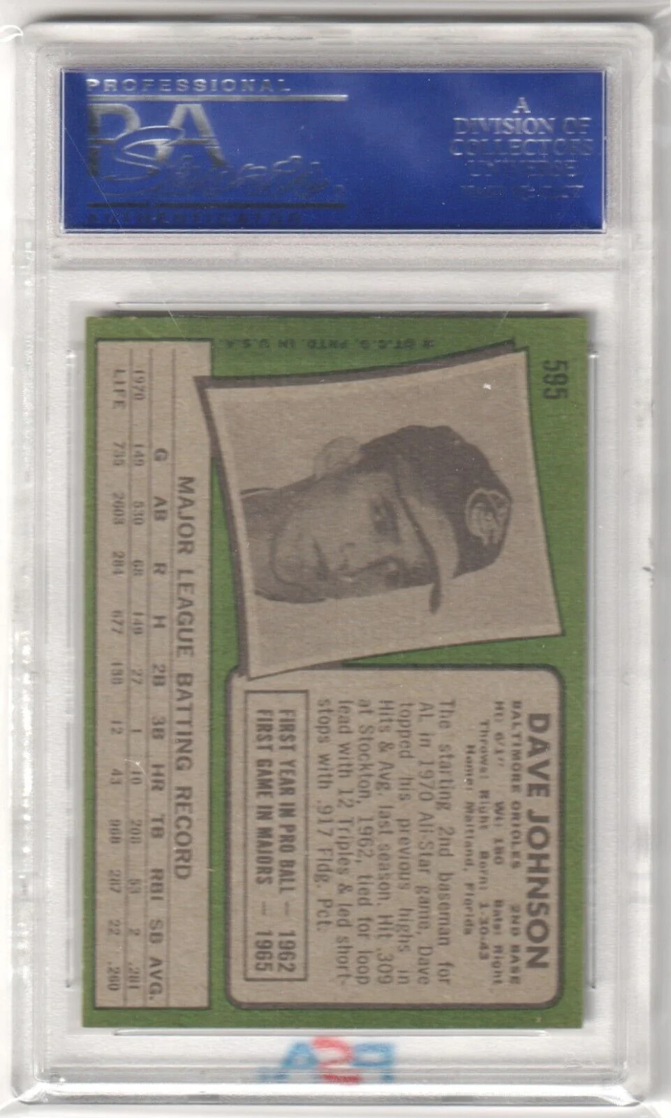 DAVE DAVEY JOHNSON 1971 Topps #595 PSA 8 NM-MT - ORIOLES - Image 2