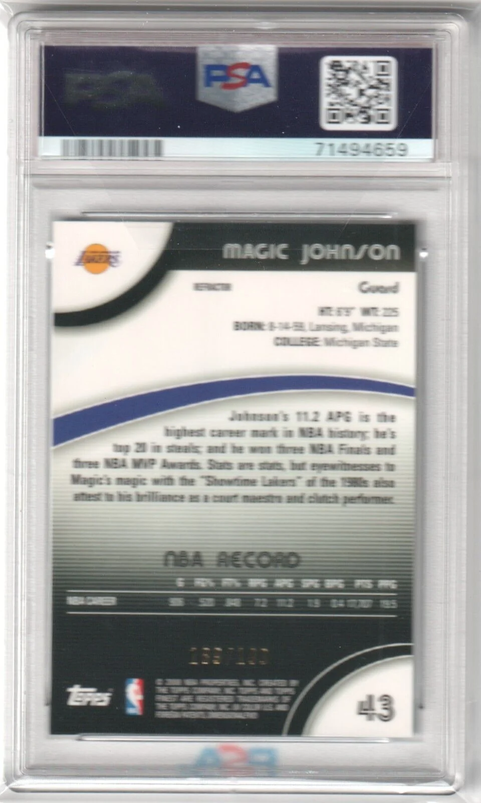ERVIN MAGIC JOHNSON 2007-08 Topps Finest Blue Refractor #/199 PSA 9 MINT LAKERS - Image 2