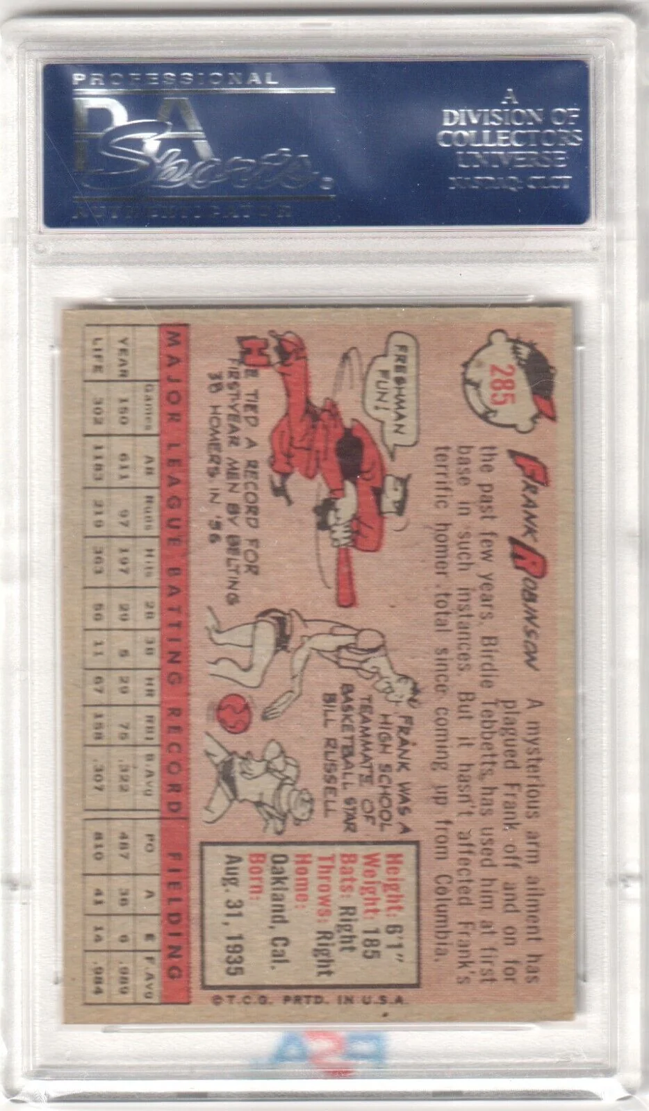 FRANK ROBINSON 1958 Topps #285 PSA 6 EX-MT - CINCINNATI REDLEGS - Image 2