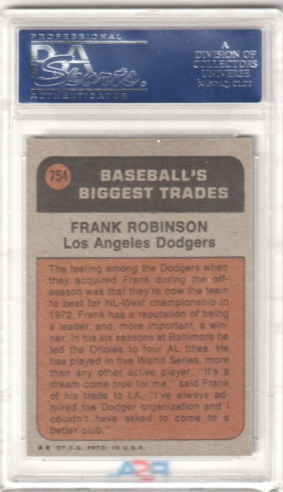 FRANK ROBINSON 1972 Topps #754 PSA 8 NM-MT - DODGERS - Image 2