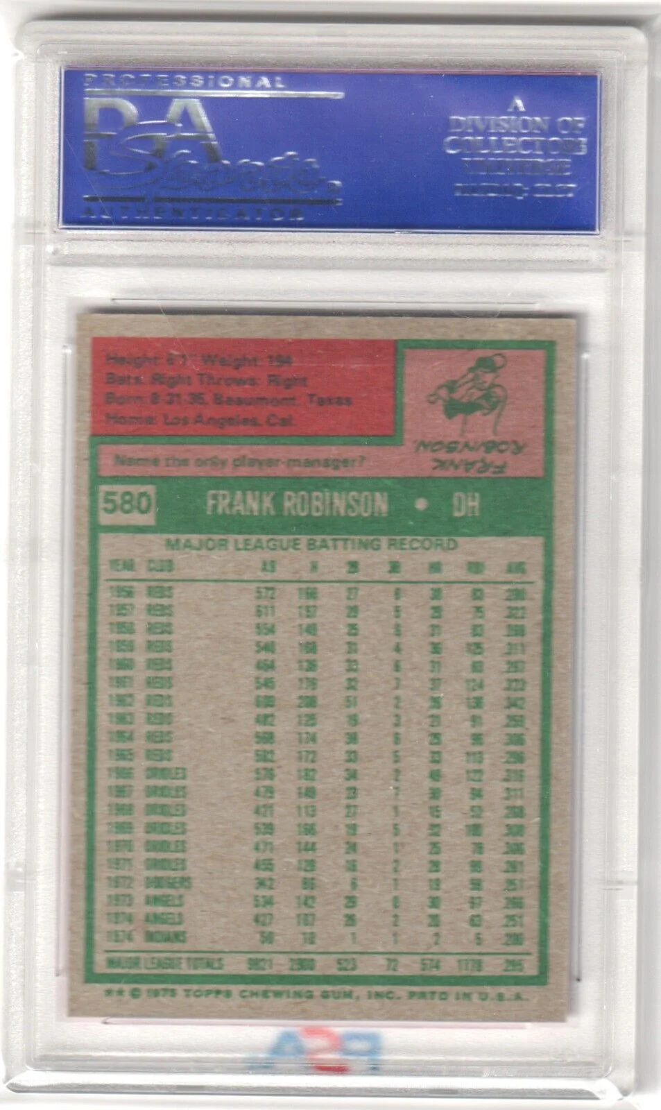 FRANK ROBINSON 1975 Topps #580 PSA 8 NM-MT - INDIANS - Image 2