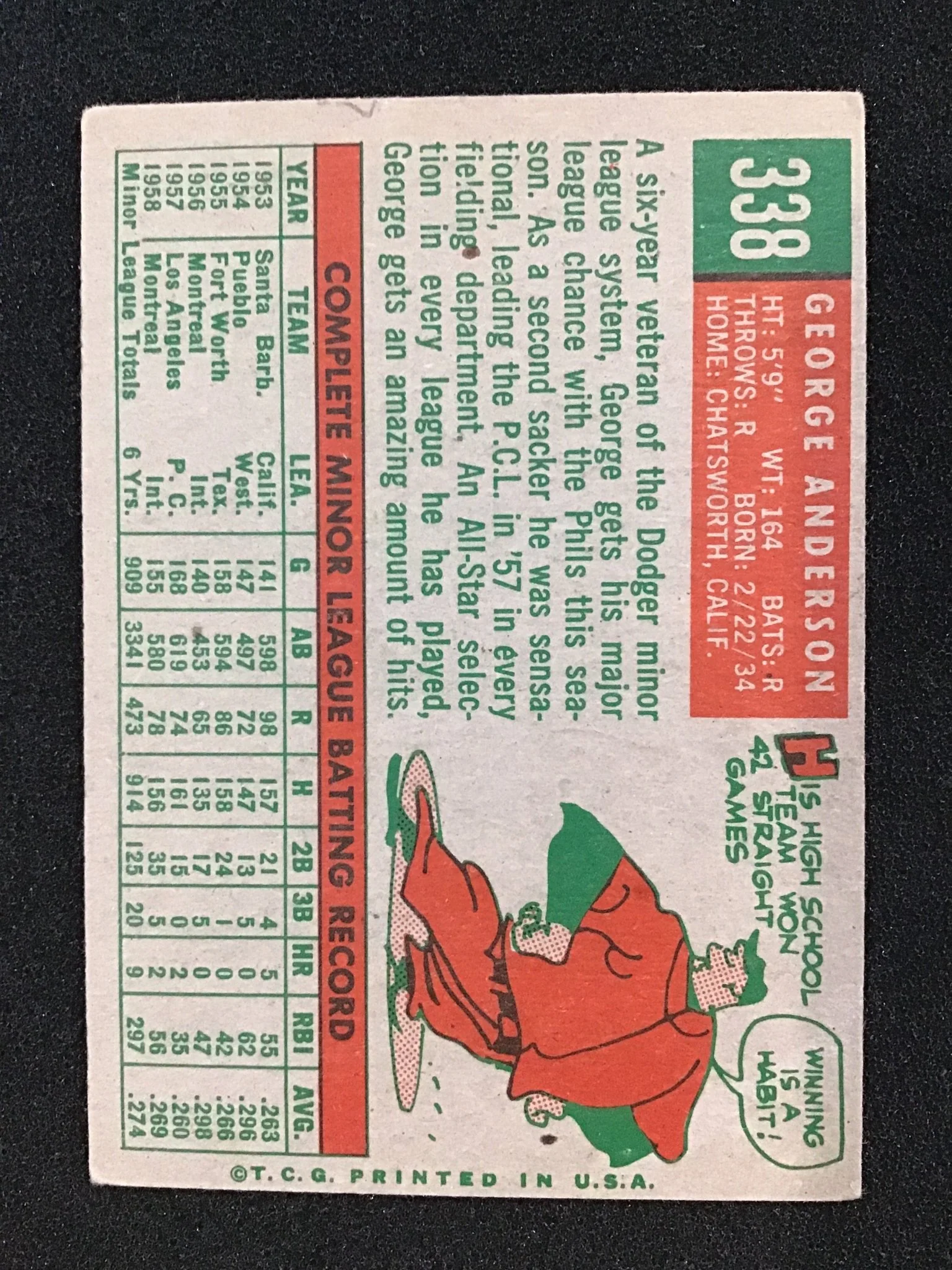 George Anderson 1959 Topps #338 RC Rookie - Philadelphia Phillies - Image 2