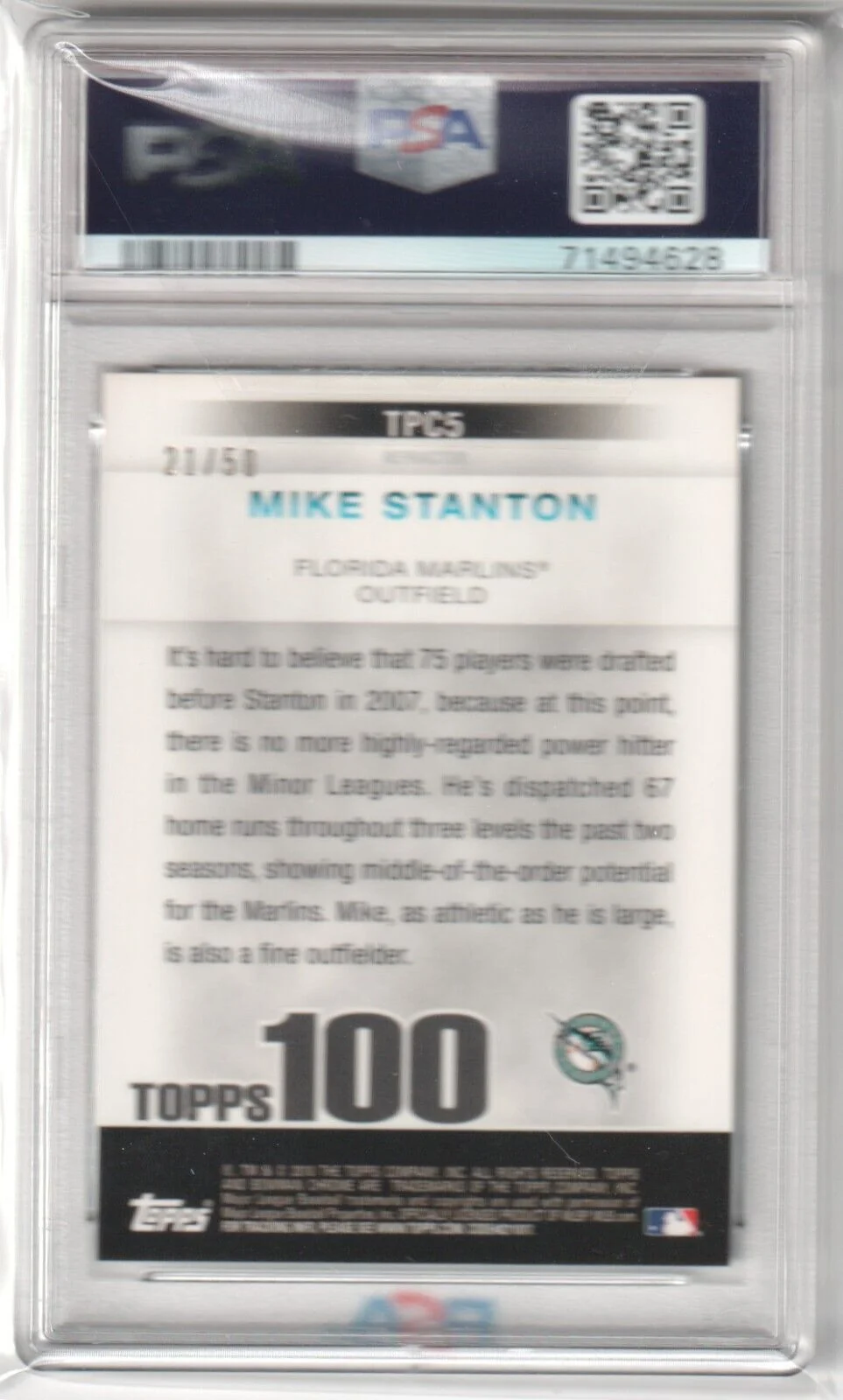 GIANCARLO MIKE STANTON 2010 Bowman Chrome Gold Refractor #TPC5 PSA 8 NM-MT #/50 - Image 2