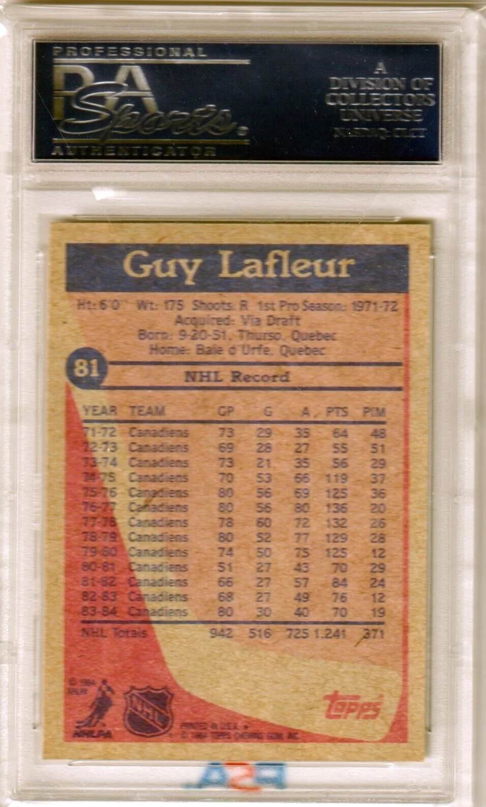 GUY LAFLEUR 1984 Topps #81 PSA 9 MINT - CANADIENS - Image 2
