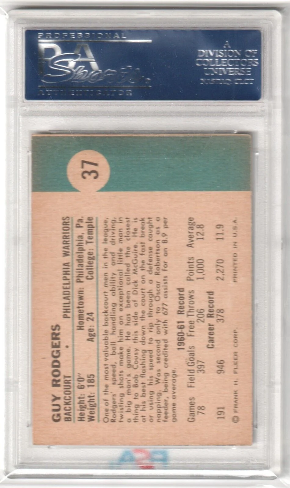 GUY RODGERS 1961 Fleer Basketball RC Rookie #37 PSA 6 EX-MT - Image 2