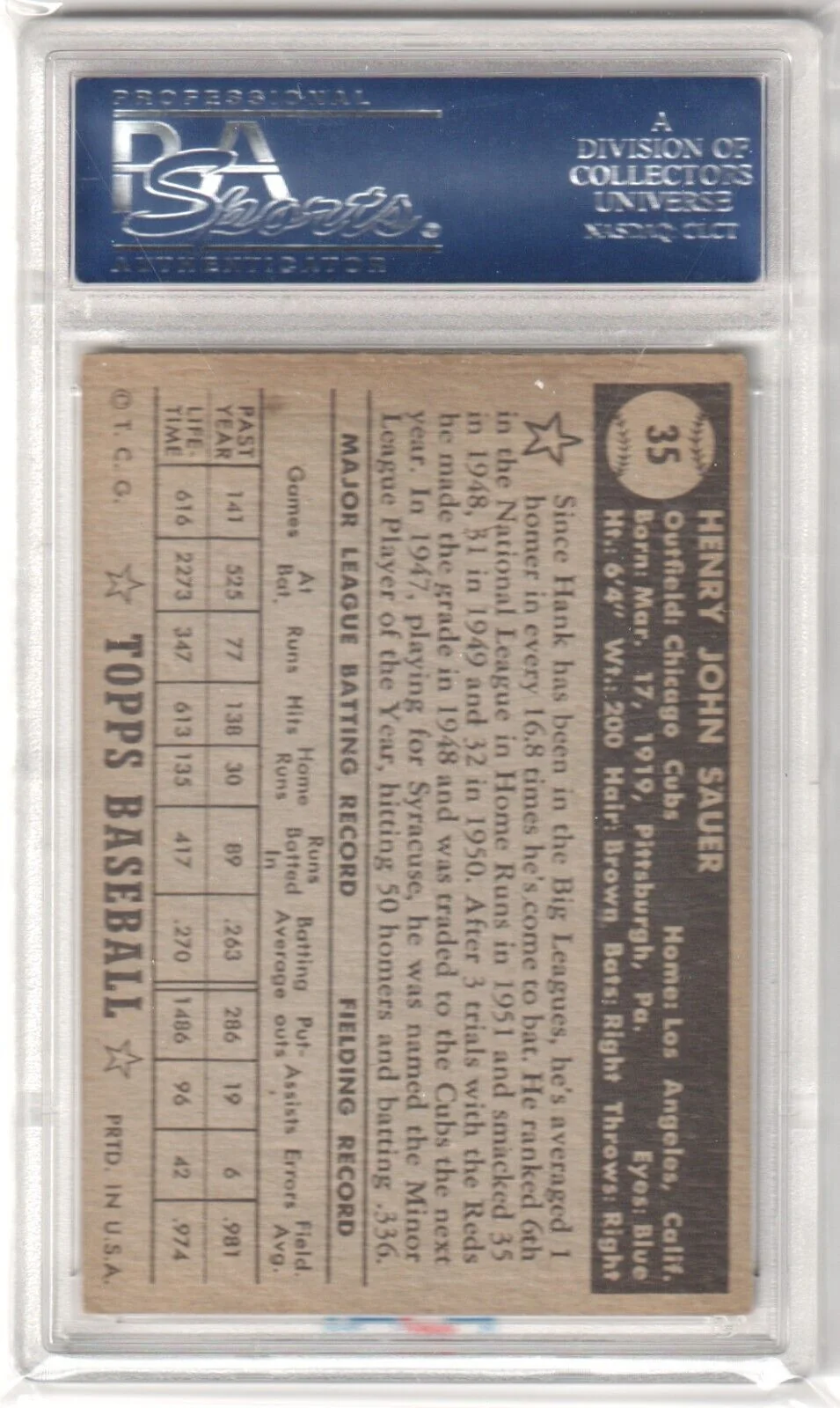 HANK BAUER 1952 Topps Black Back #35 PSA 5 EX - CUBS - Image 2