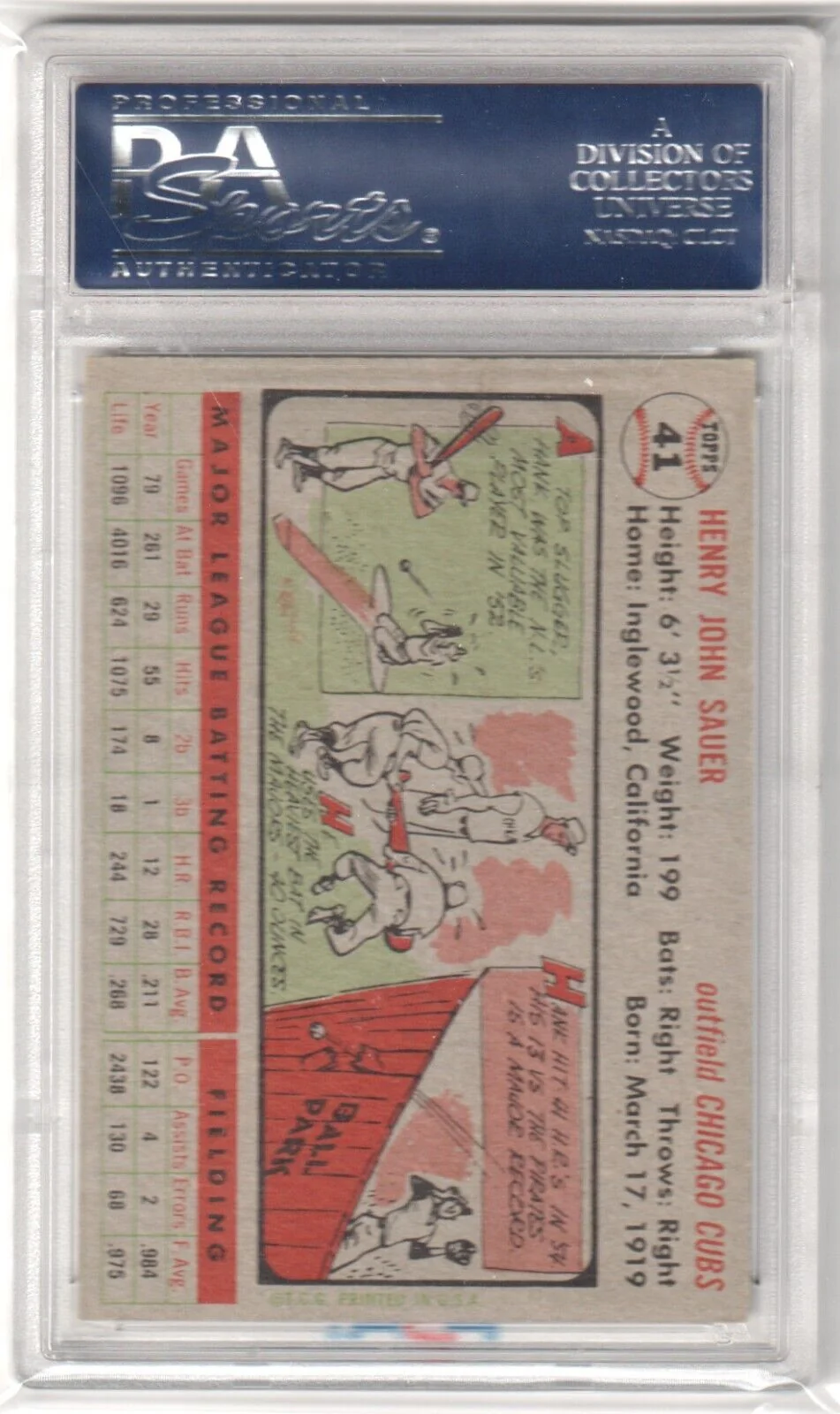 HANK SAUER 1956 Topps Gray Back #41 PSA 6 EX-MT - CUBS - Image 2
