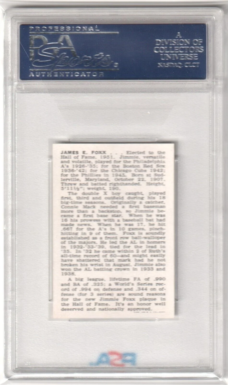 JIMMIE FOXX 1950 Callahan HOF PSA 7 NM - PHILADELPHIA A'S - Image 2