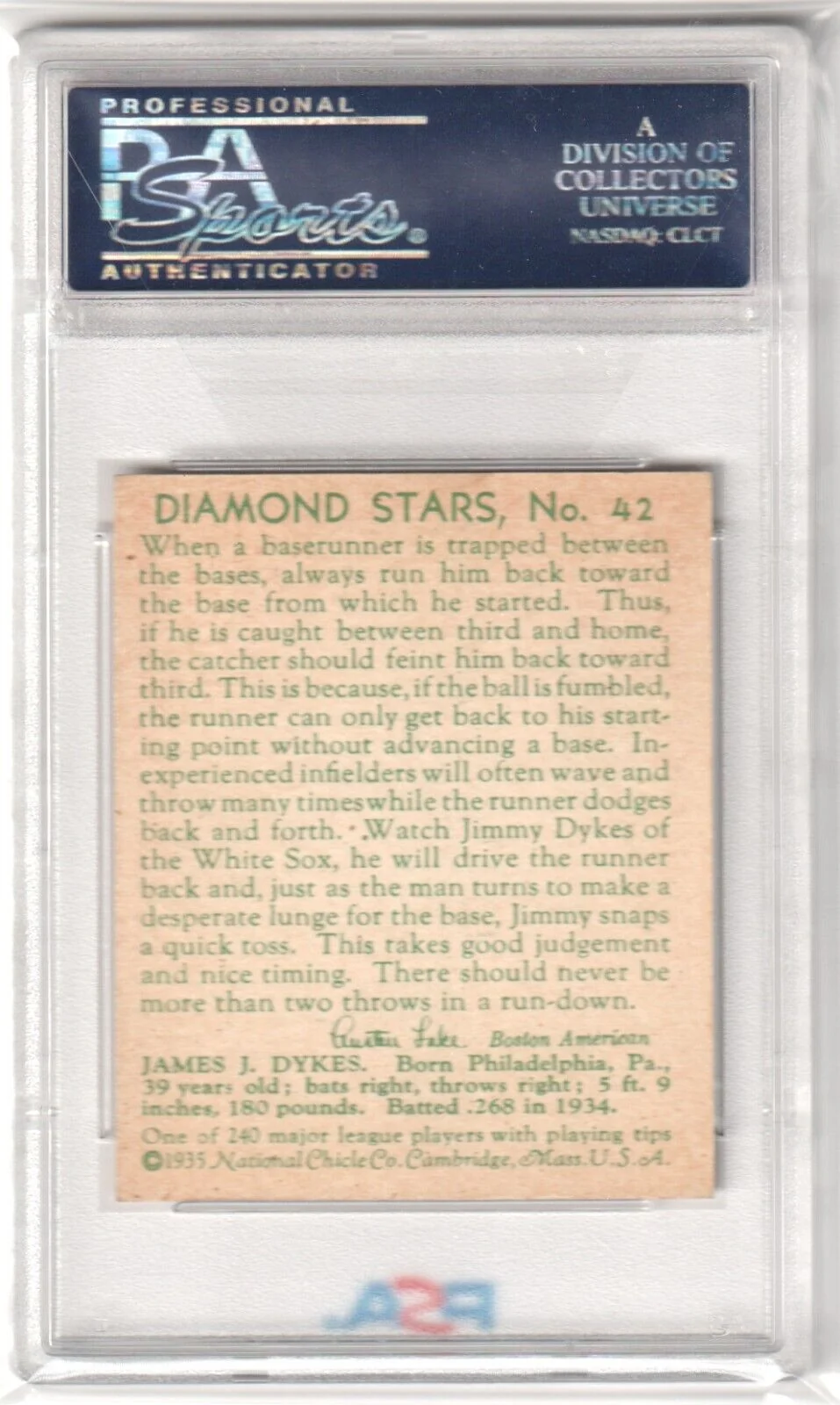 JIMMY DYKES 1935 Diamond Stars #42 PSA 5 EX - WHITE SOX - Image 2
