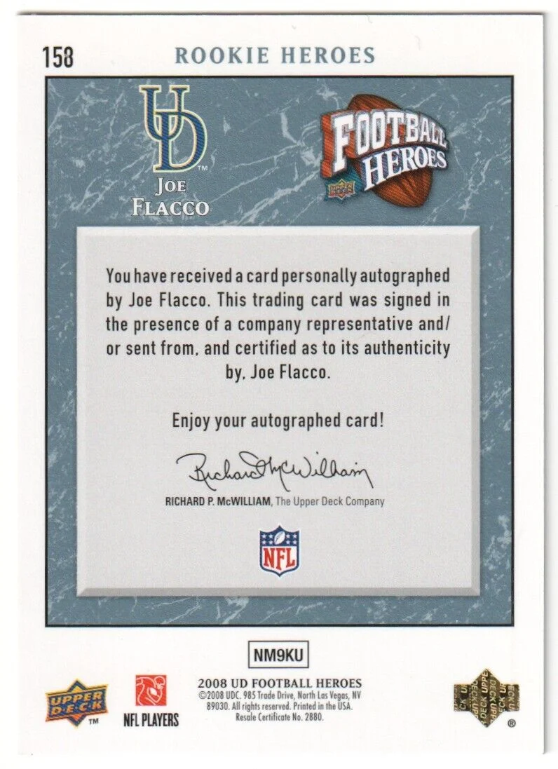 JOE FLACCO 2008 Upper Deck Rookie Heroes Blue Autograph Auto RC #/250 - Image 2
