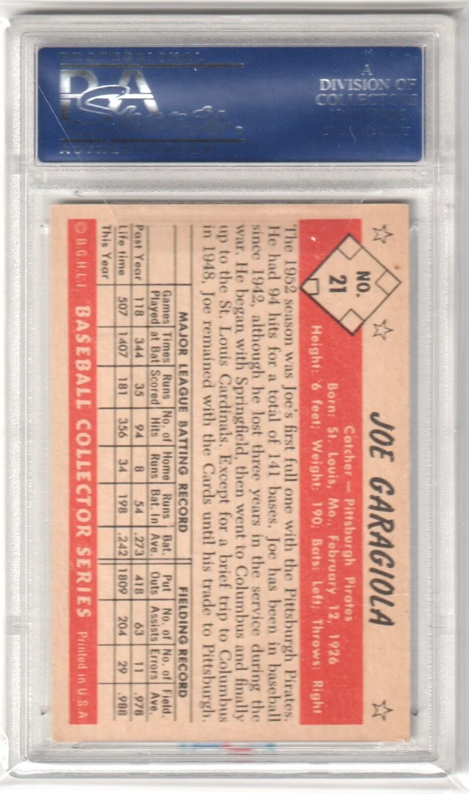 JOE GARAGIOLA 1953 Bowman Color #21 PSA 4 VG-EX - PIRATES - Image 2