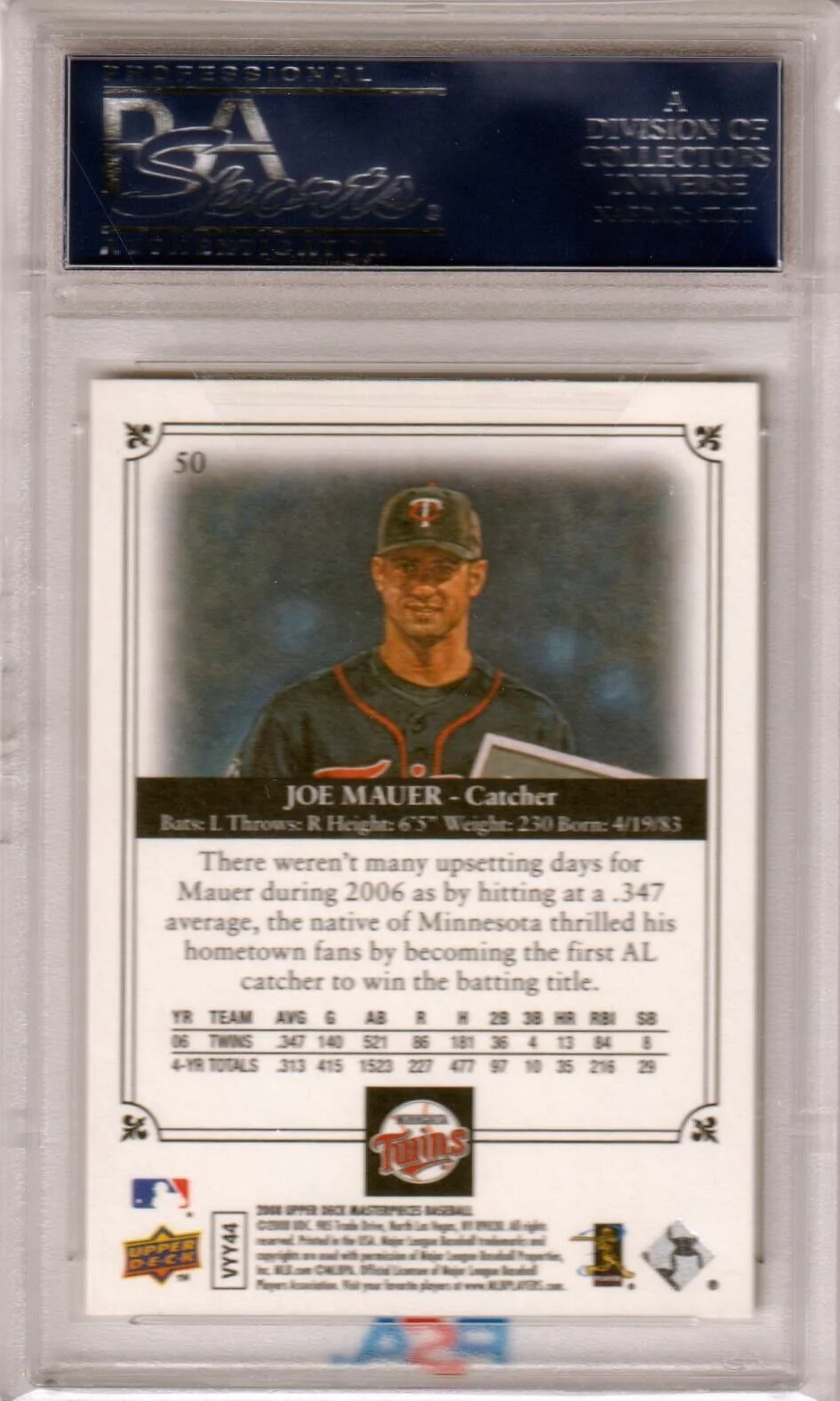 JOE MAUER 2008 Upper Deck Masterpieces #50 PSA 10 GEM MINT - TWINS - Image 2