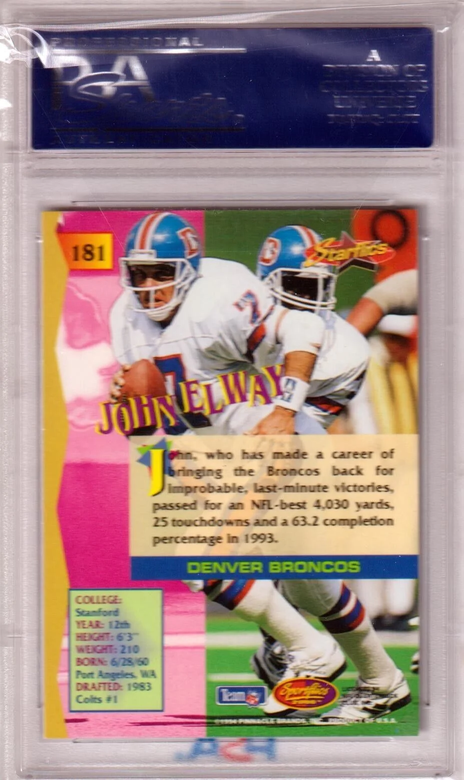 JOHN ELWAY 1994 Sportsflics #181 PSA 10 GEM MINT - BRONCOS - Image 2