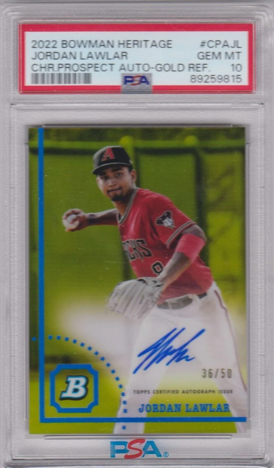 JORDAN LAWLAR 2022 Bowman Heritage Gold Autograph Refractor Auto #/50 PSA 10 GEM