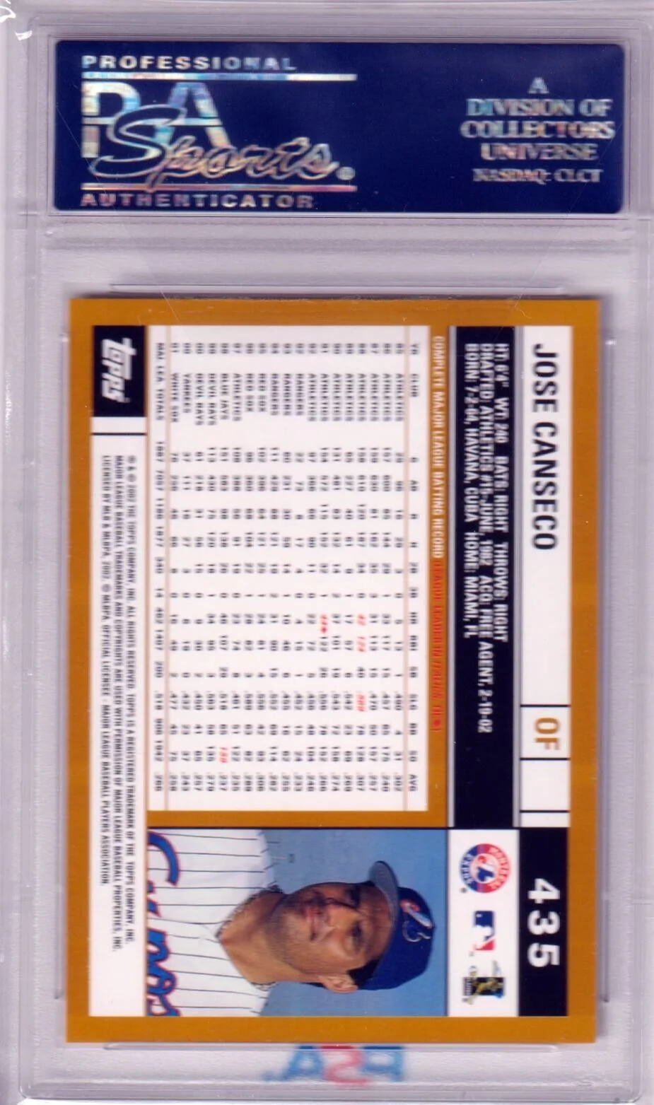 JOSE CANSECO 2002 Topps #435 PSA 10 GEM MINT - RANGERS - Image 2