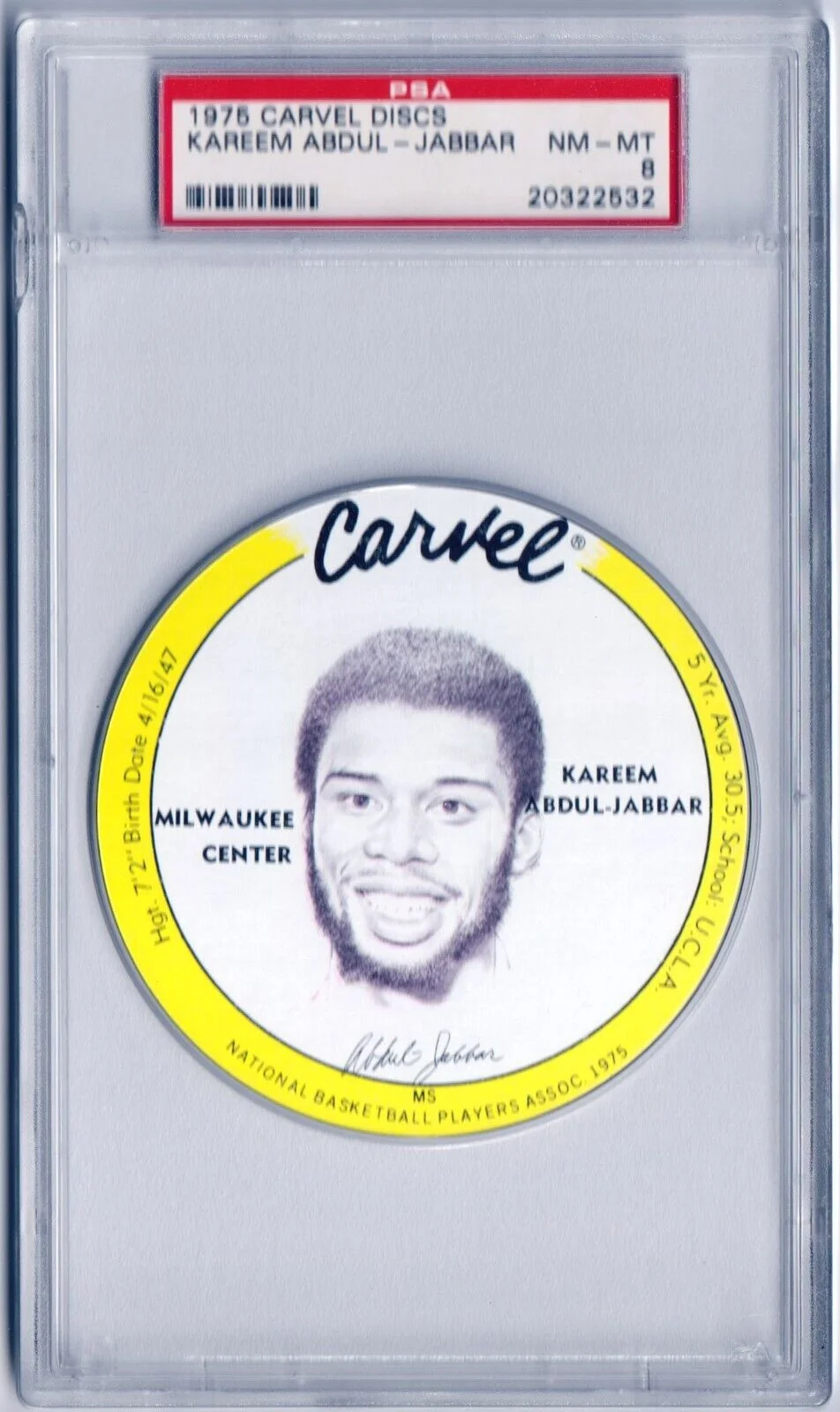 KAREEM ABDUL-JABBAR 1975 Carvel Discs Yellow Variation PSA 8 NM-MT - LAKERS