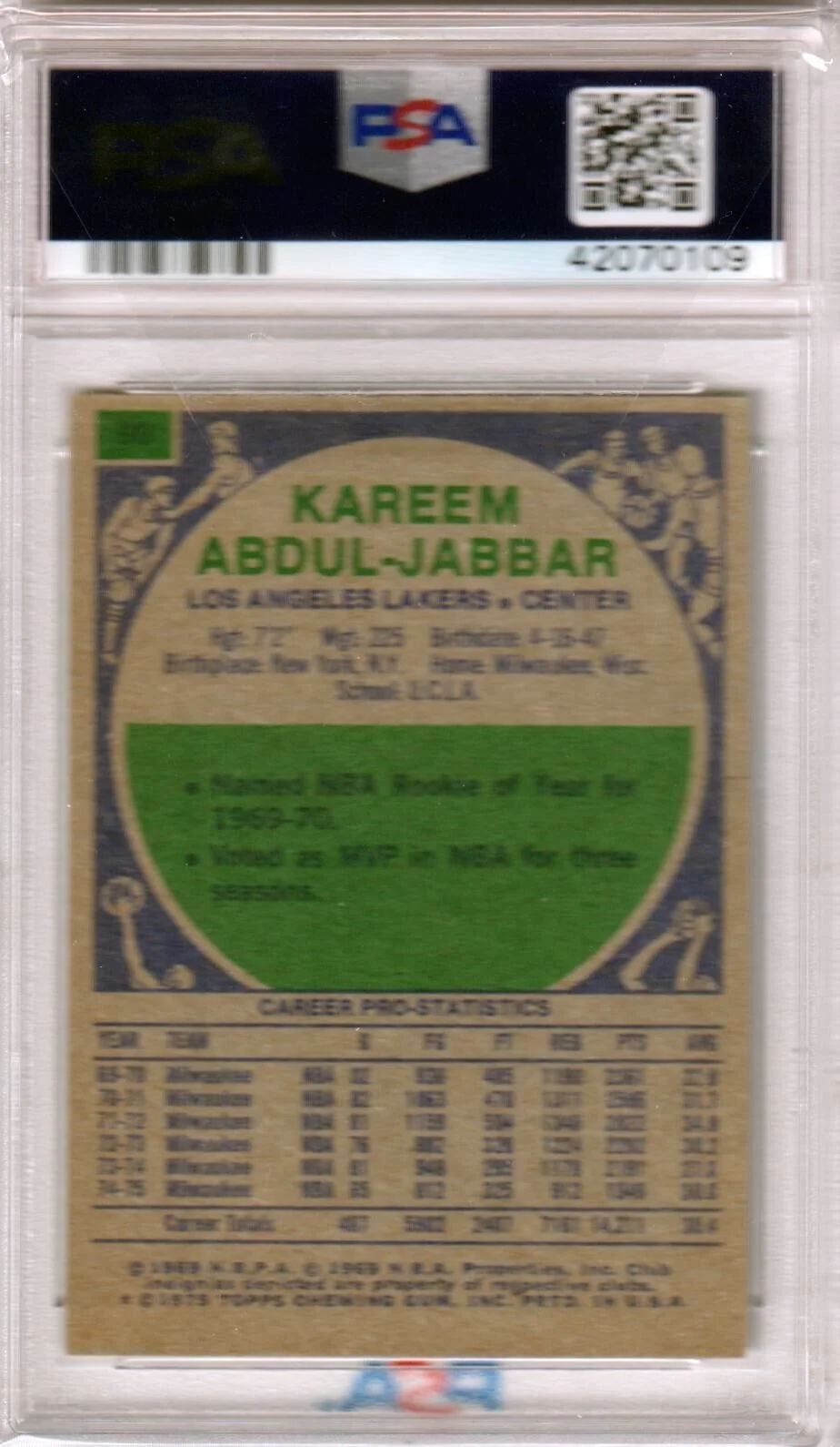 KAREEM ABDUL-JABBAR 1975 Topps #90 PSA 6 EX-MT - LAKERS - Image 2