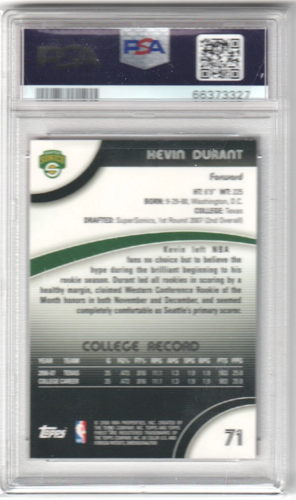 KEVIN DURANT 2007 Topps Finest Rookie RC #71 PSA 10 GEM MINT - Image 2