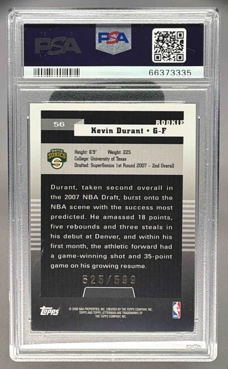 KEVIN DURANT 2007 TOPPS LETTERMAN ROOKIE #/599 RC PSA 8 - SUPERSONICS - Image 2