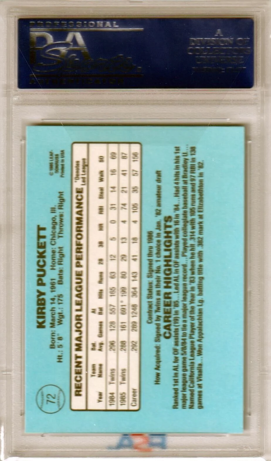 KIRBY PUCKETT 1986 Donruss #72 PSA 10 GEM MINT - TWINS - Image 2