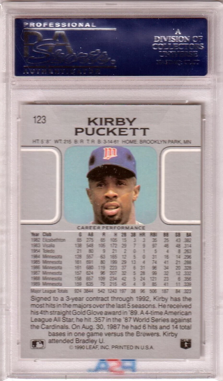 KIRBY PUCKETT 1990 Leaf #123 PSA 10 GEM MINT - TWINS - Image 2