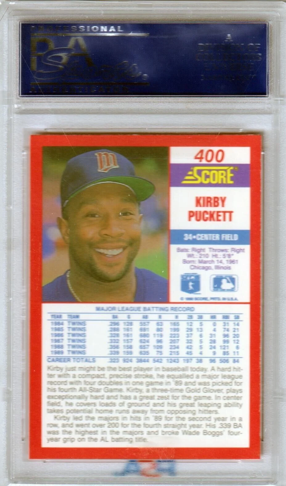 KIRBY PUCKETT 1990 Score #400 PSA 10 GEM MINT - TWINS - Image 2