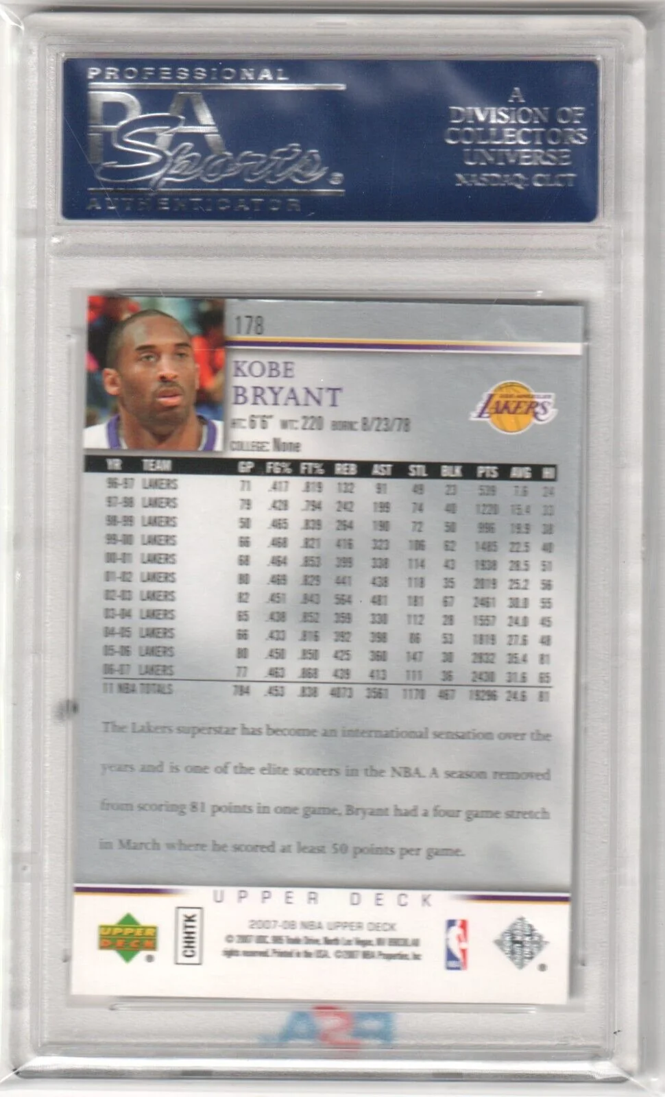 KOBE BRYANT 2007-08 Upper Deck #178 Graded PSA 10 GEM MINT - LAKERS - Image 2