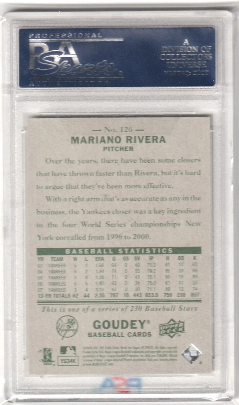 MARIANO RIVERA 2008 Upper Deck Goudey #126 PSA 10 GEM MINT - YANKEES - Image 2