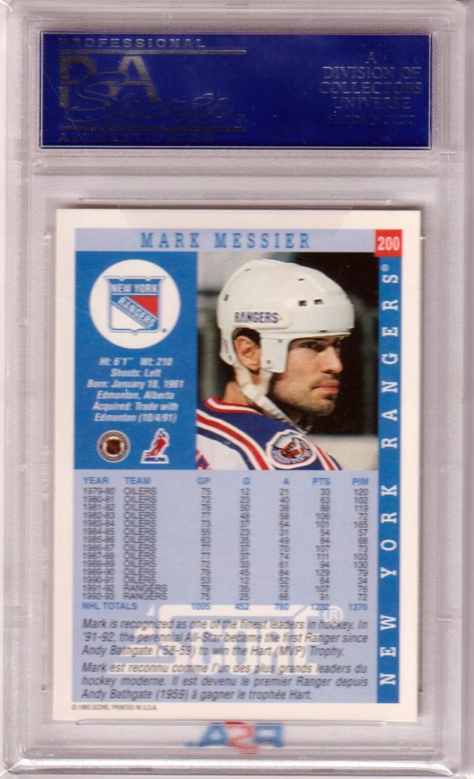 MARK MESSIER 1993 Score #200 PSA 10 GEM MINT - RANGERS POP 6 - Image 2