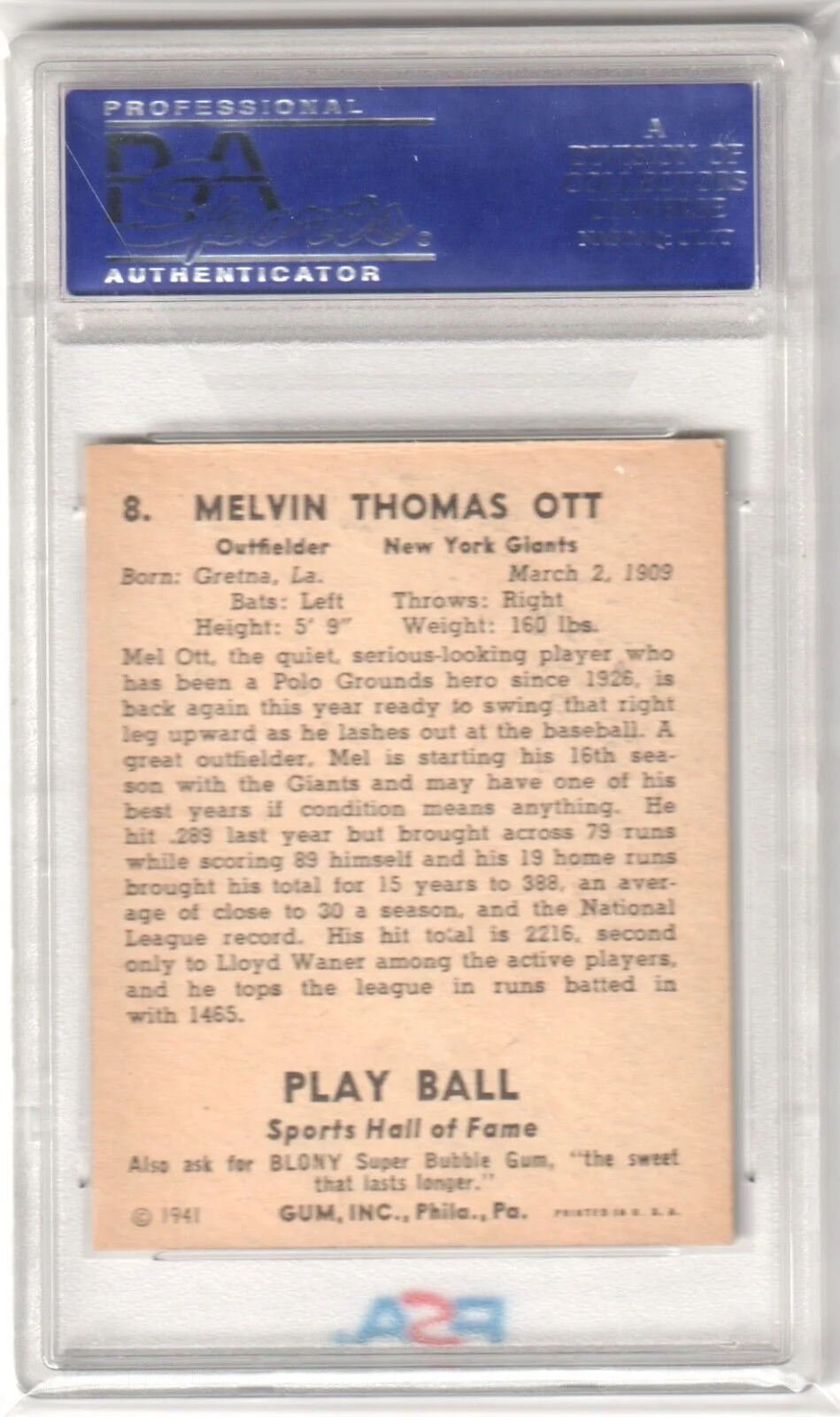 MEL OTT 1941 Play Ball #8 PSA 4 VG-EX - GIANTS - Image 2