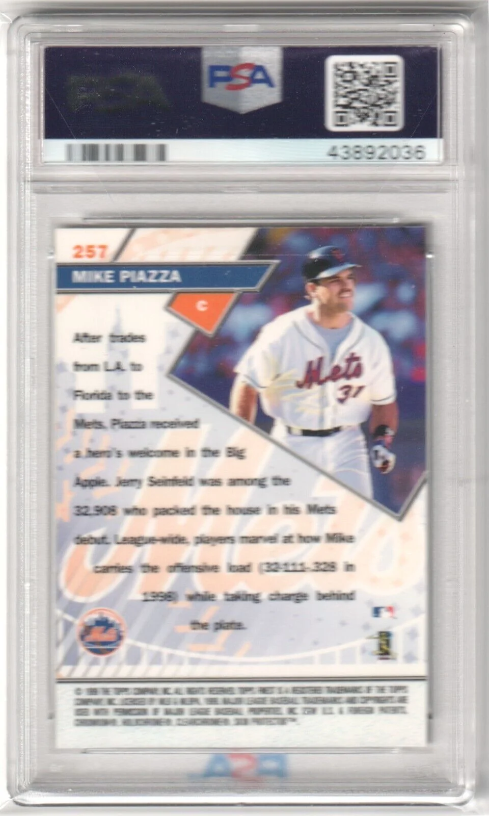 MIKE PIAZZA 1999 Topps Finest #257 PSA 9 MINT - METS - Image 2