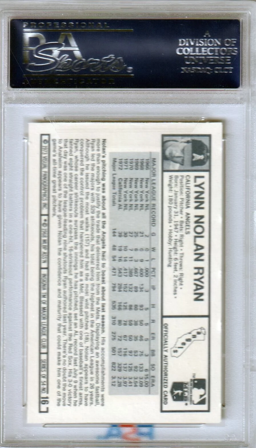 NOLAN RYAN 1973 Kellogg's Pro Super Stars #16 PSA 9 MINT - ANGELS - Image 2