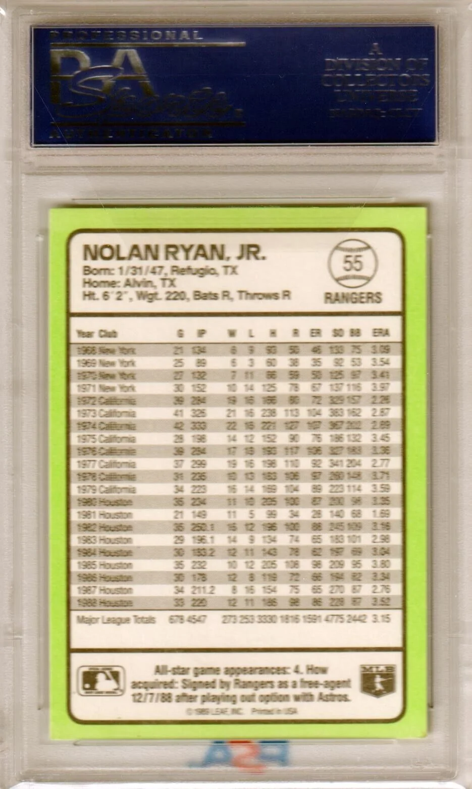 NOLAN RYAN 1989 Donruss Baseball's Best #55 PSA 10 GEM MINT - RANGERS - Image 2