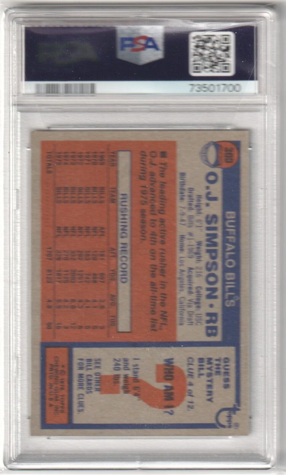 O.J. SIMPSON 1976 Topps #300 PSA 7 NM - BILLS - Image 2