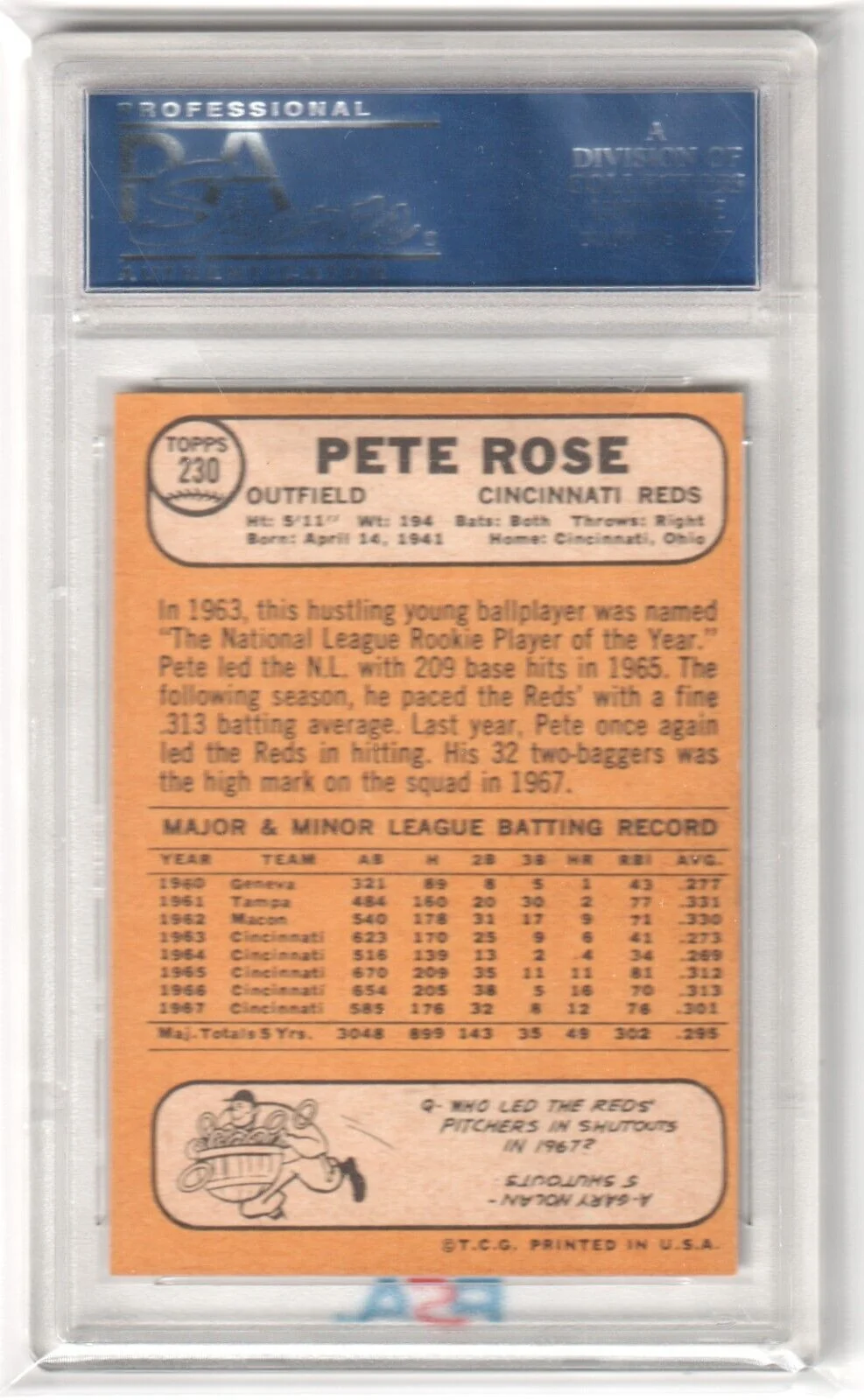 PETE ROSE 1968 Topps #230 PSA 8 NM-MT - REDS - Image 2