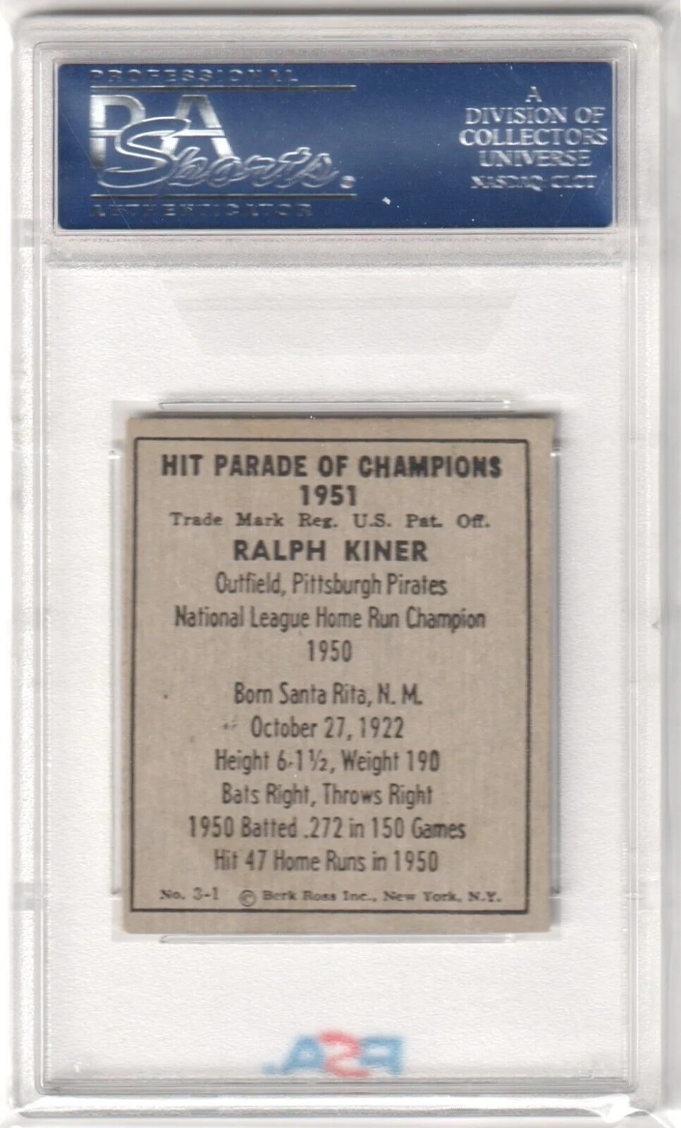 RALPH KINER 1951 Berk Ross #3-1 PSA 7 NM - PIRATES POP 8 - Image 2
