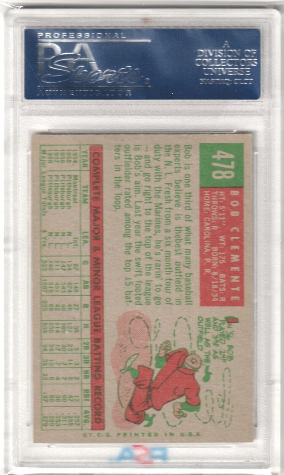ROBERTO CLEMENTE 1959 Topps #478 PSA 7 NM - PIRATES - Image 2